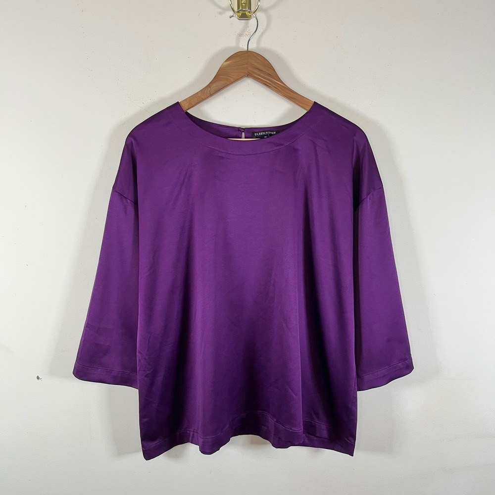 Eileen Fisher Satin Ballet Neck Box Top Plum Purple 3/4 Sleeves Womens Large